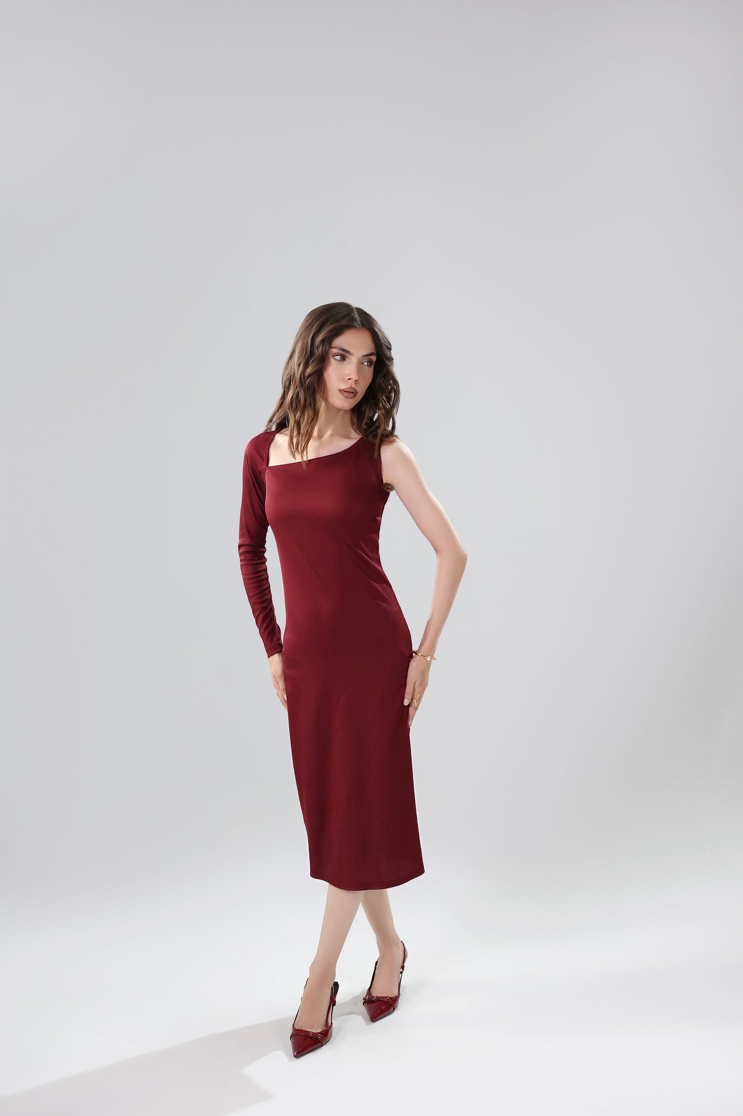 Ribbed Asymmetric Midi Dress