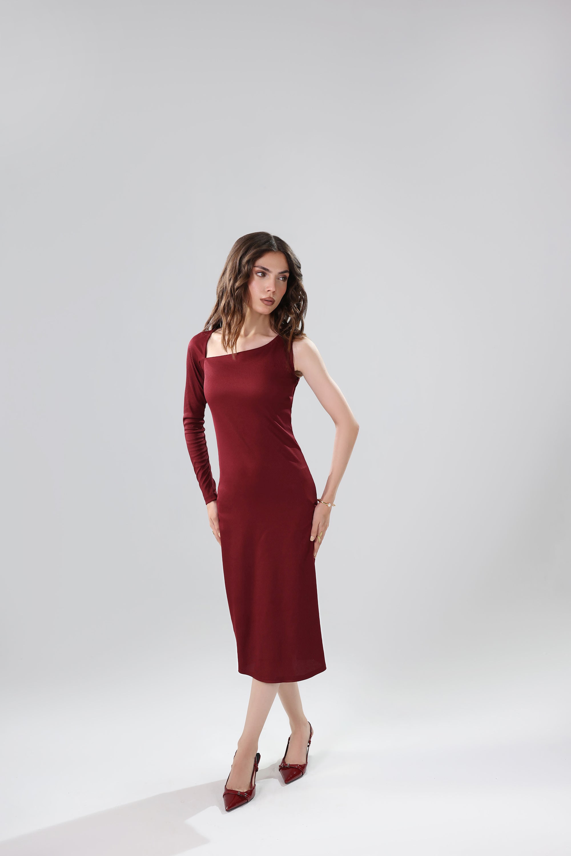 Ribbed Asymmetric Midi Dress