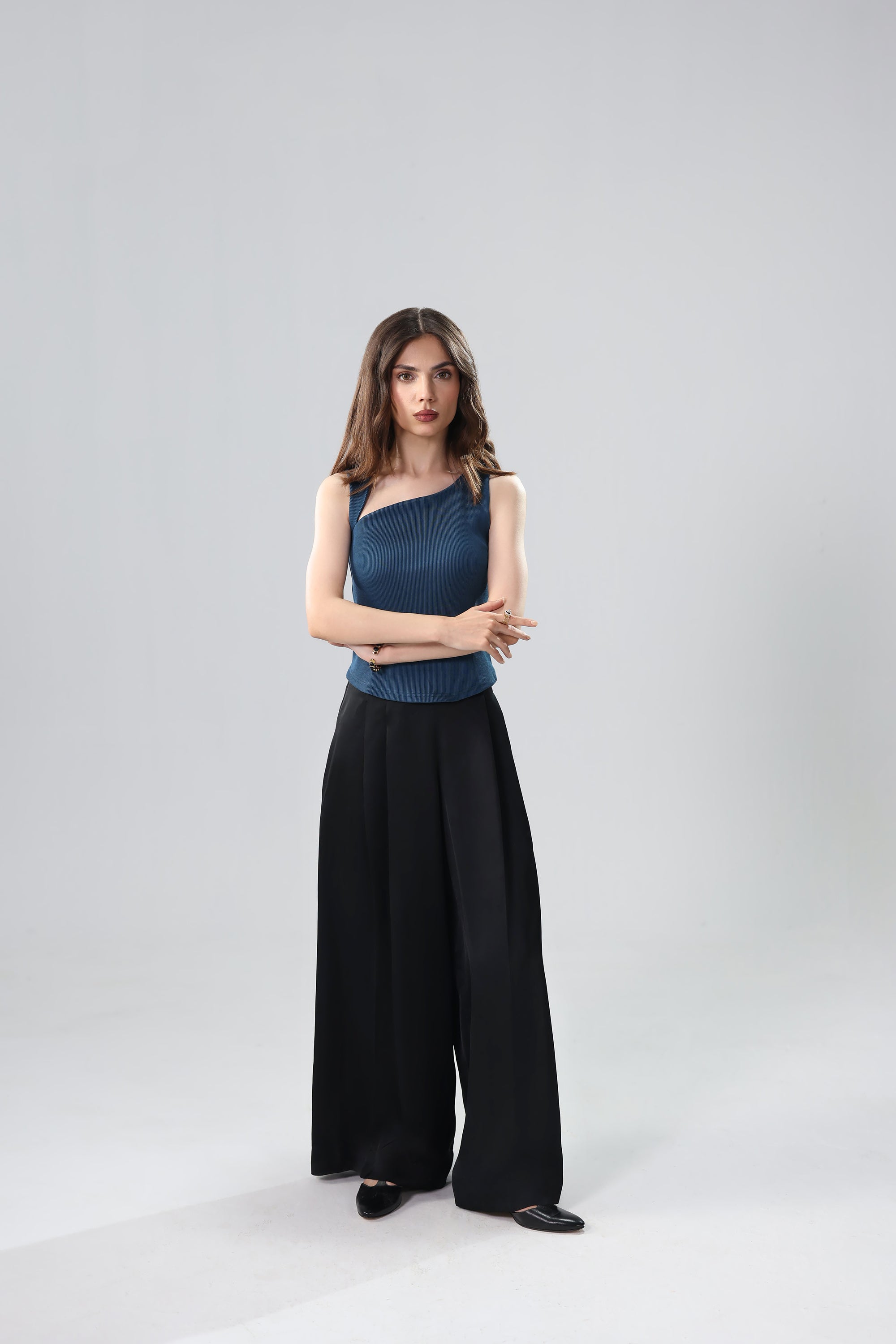 Teal Ribbed Asymmetric Top