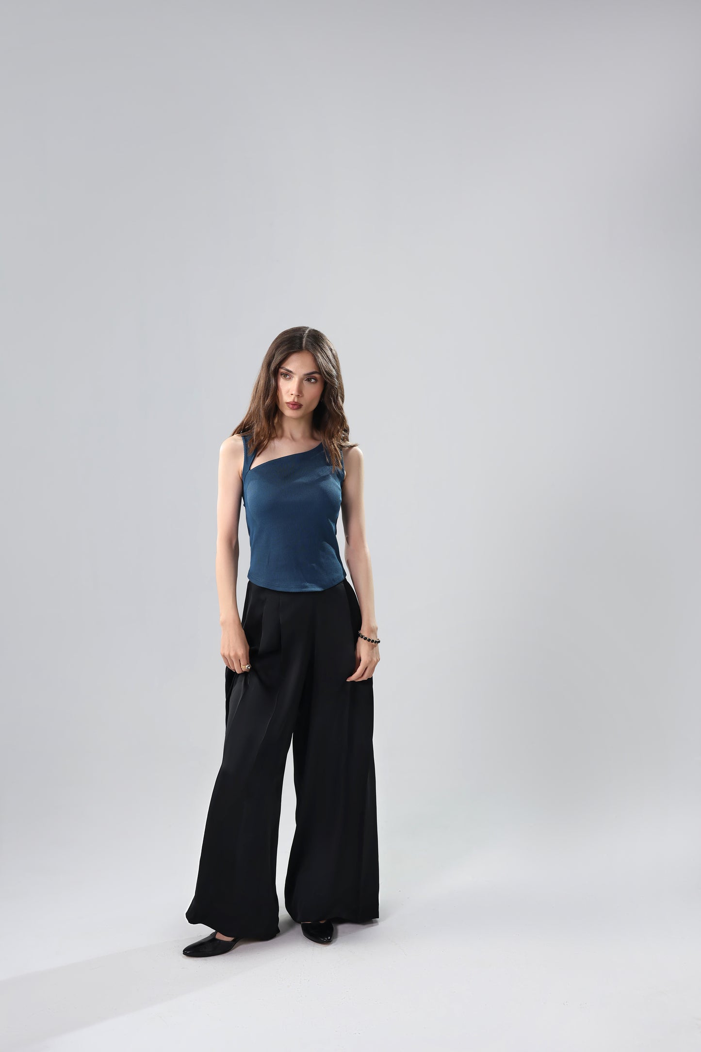 Teal Ribbed Asymmetric Top