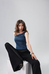 Teal Ribbed Asymmetric Top