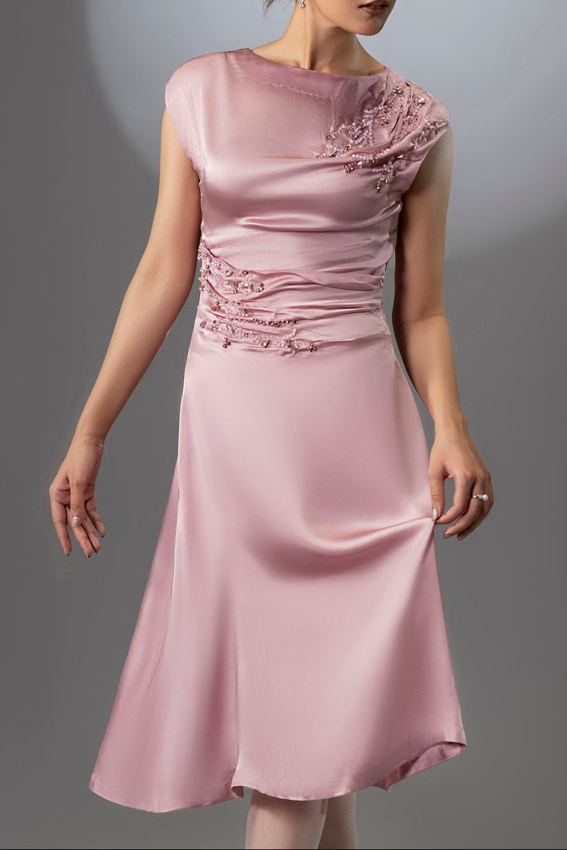 Boat Neck Satin Silk Dress
