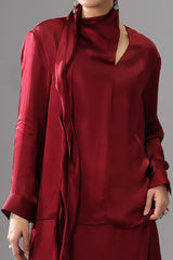 Satin Tie-Neck Slit Top - Burgundy