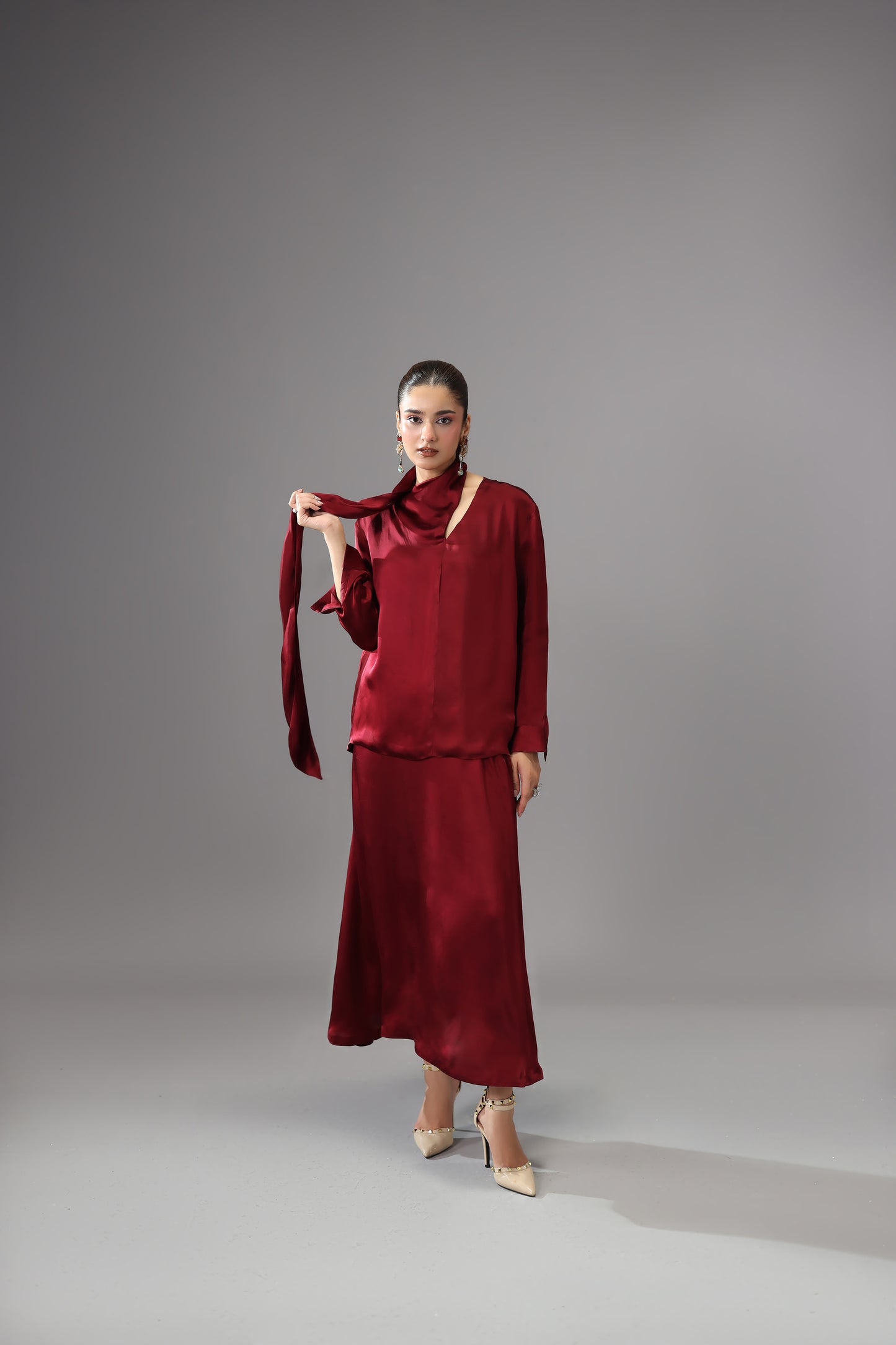Burgundy Satin Silk Maxi Skirt