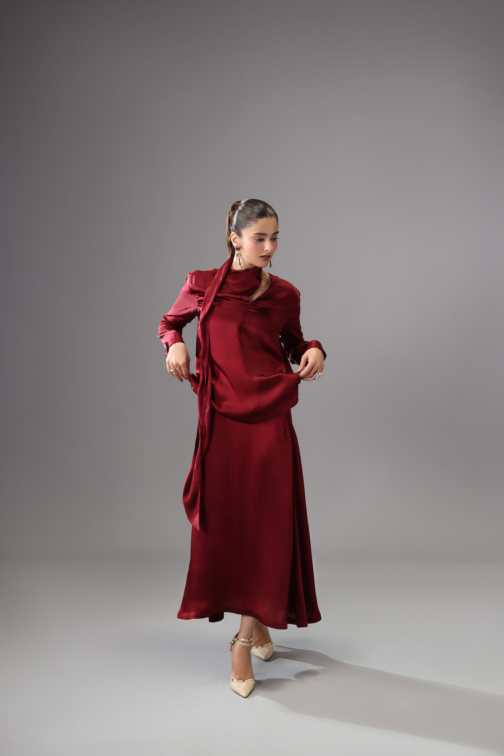 Burgundy Satin Silk Maxi Skirt