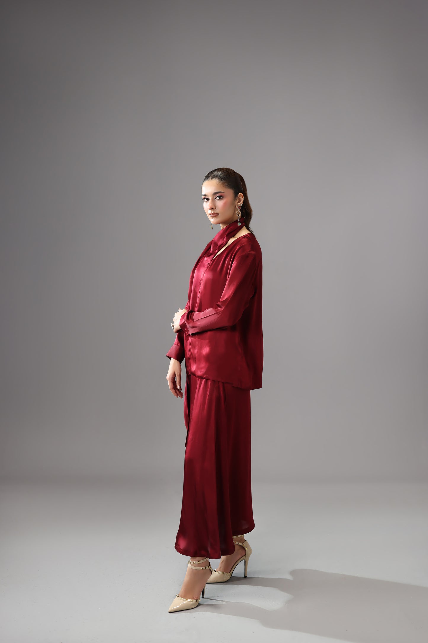 Burgundy Satin Silk Maxi Skirt