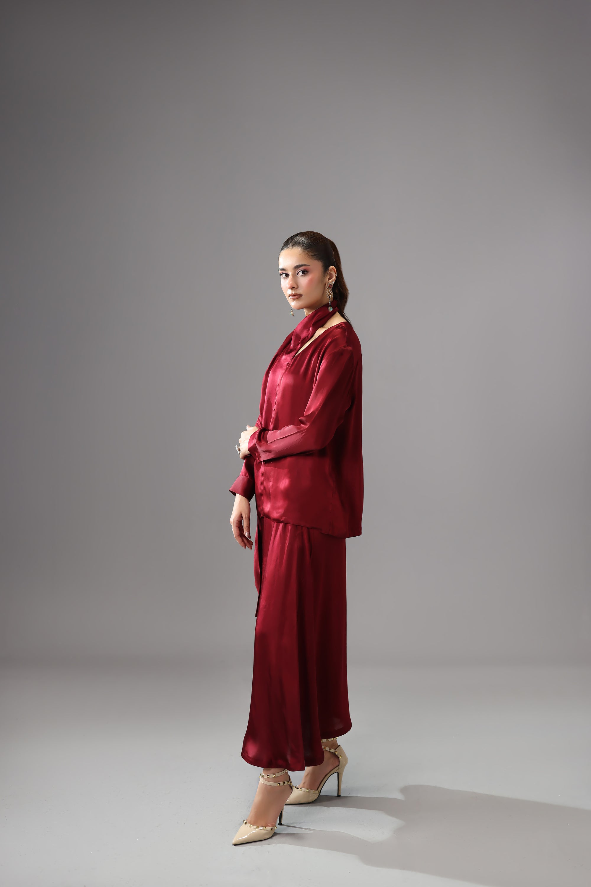 Burgundy Satin Silk Maxi Skirt
