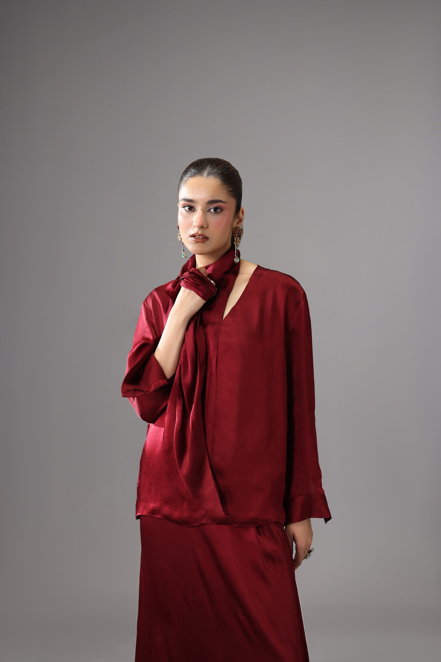 Burgundy Satin Silk Maxi Skirt