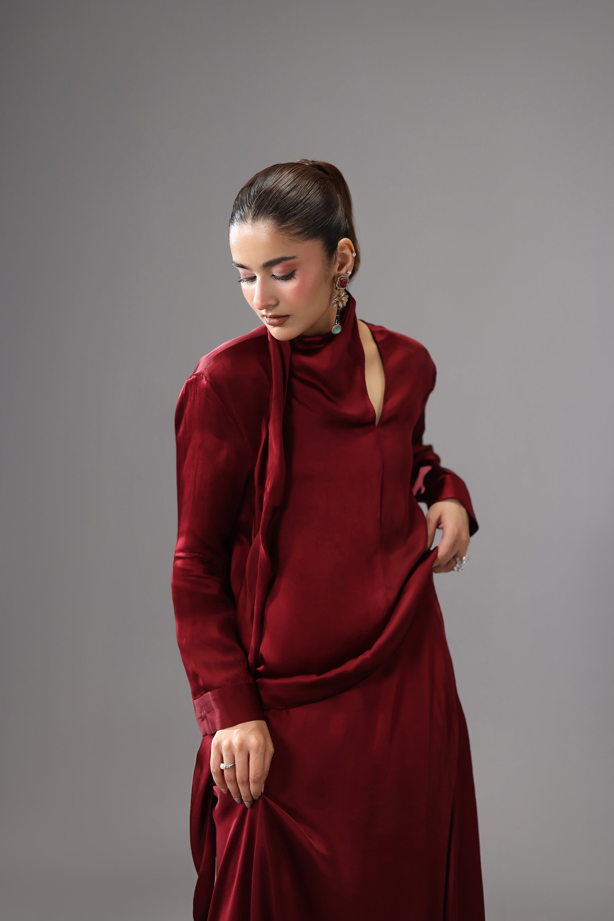 Burgundy Satin Silk Maxi Skirt
