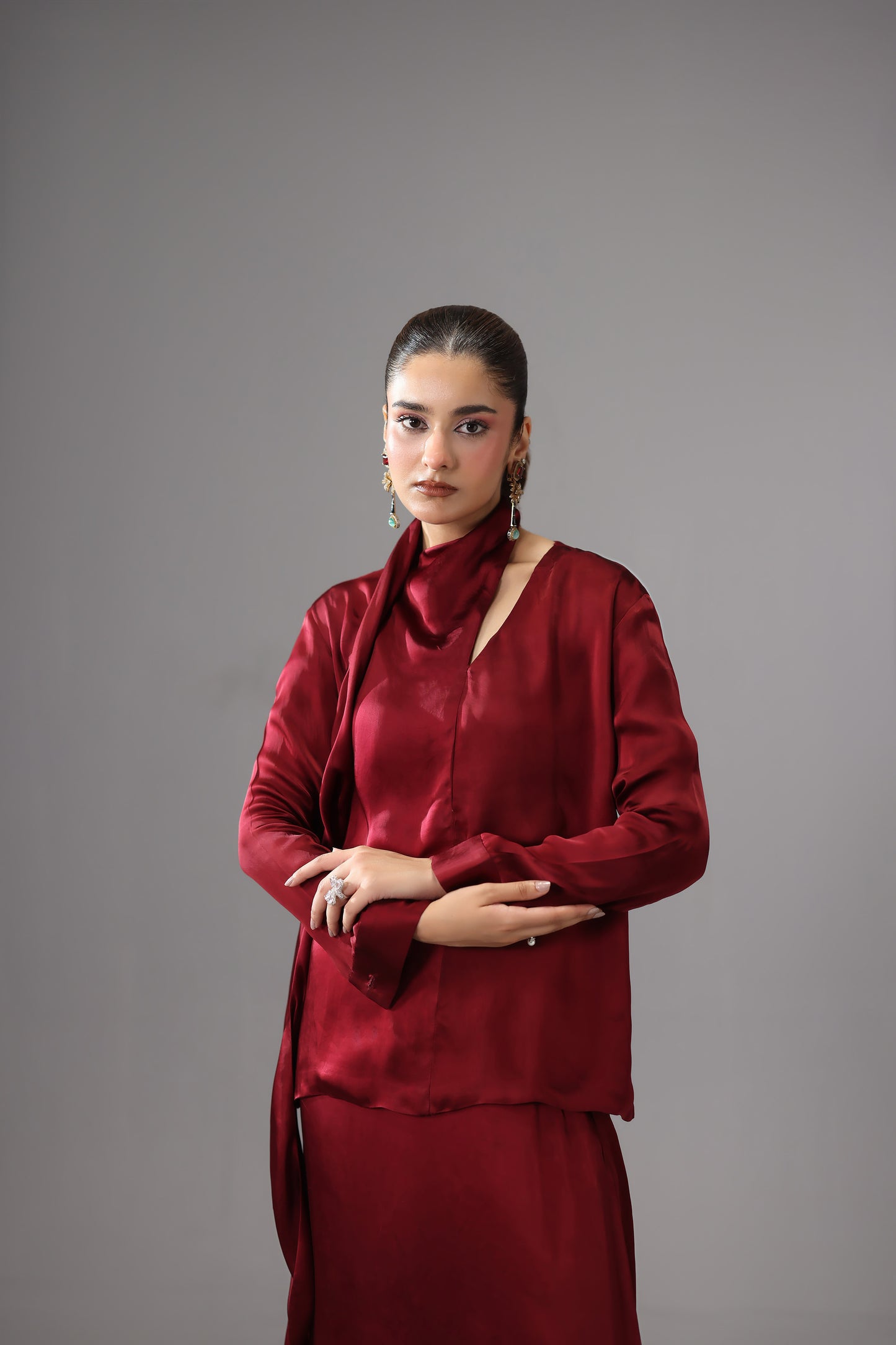 Burgundy Satin Silk Maxi Skirt