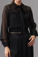 Sheer Chiffon Tie-Neck Blouse