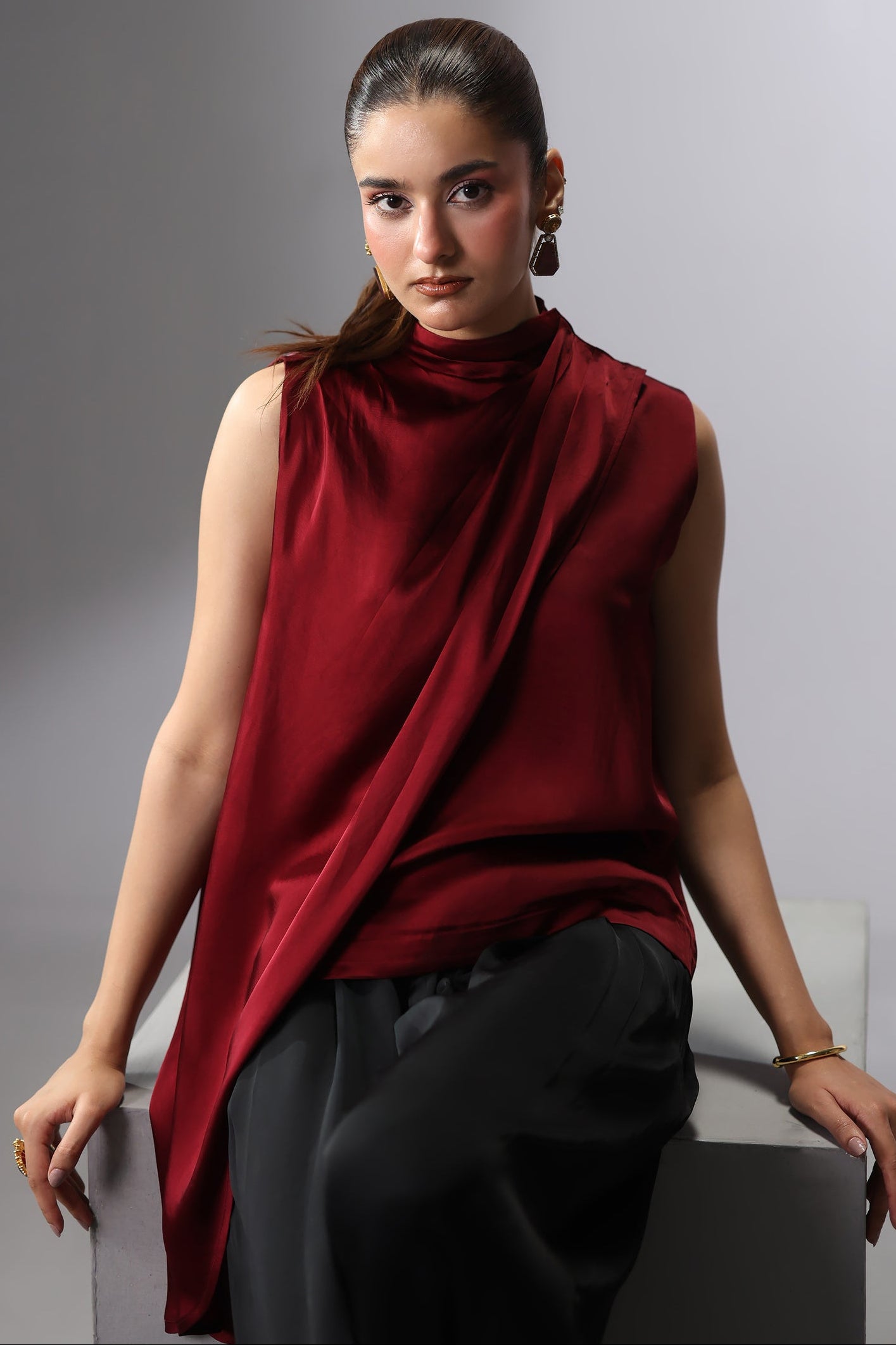 Draped Satin Silk 2-in-1 Top