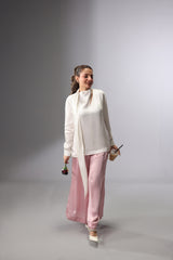 Satin Tie-Neck Slit Top - White