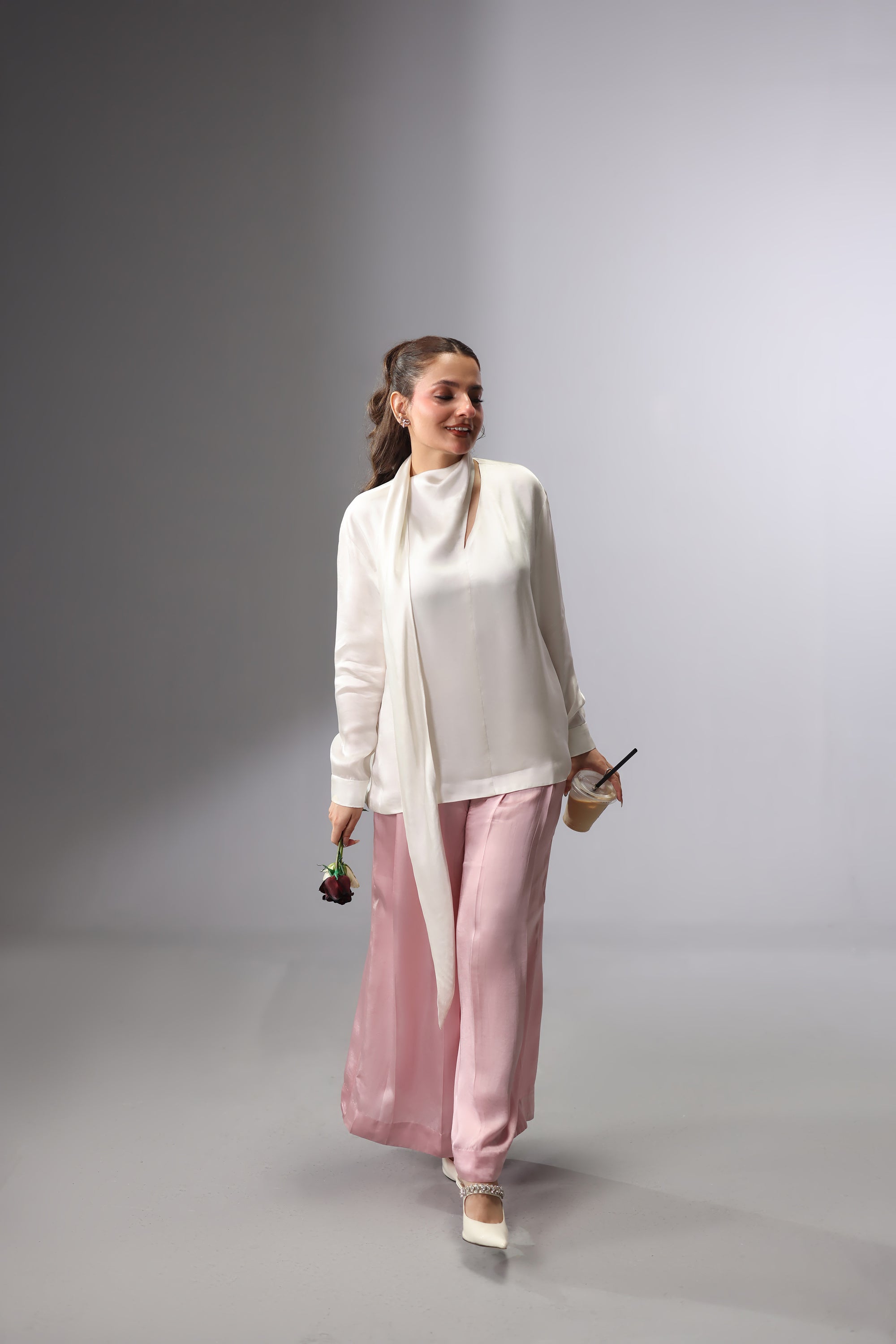Satin Tie-Neck Slit Top - White