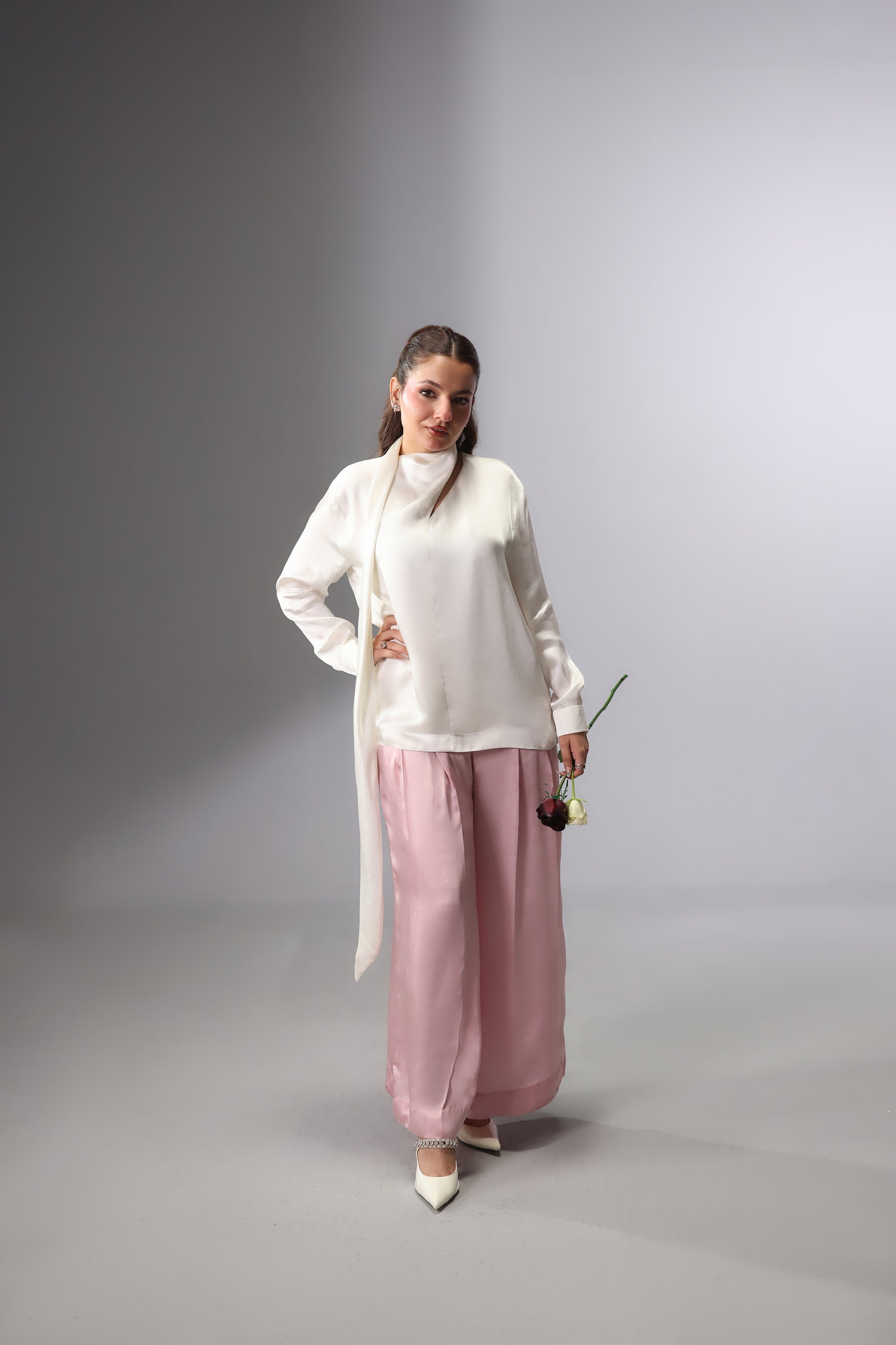 Satin Tie-Neck Slit Top - White