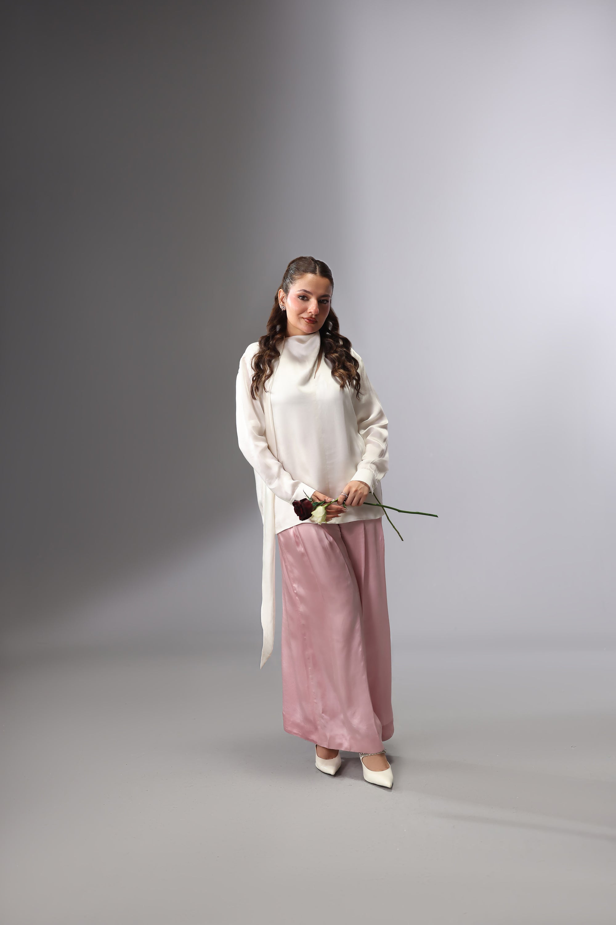 Satin Tie-Neck Slit Top - White