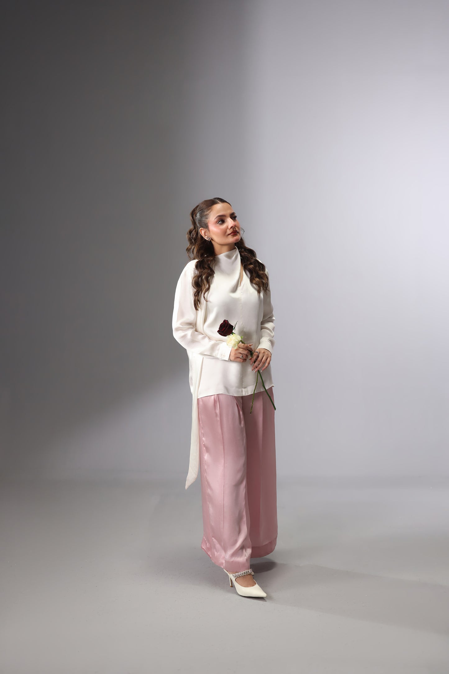 Satin Tie-Neck Slit Top - White