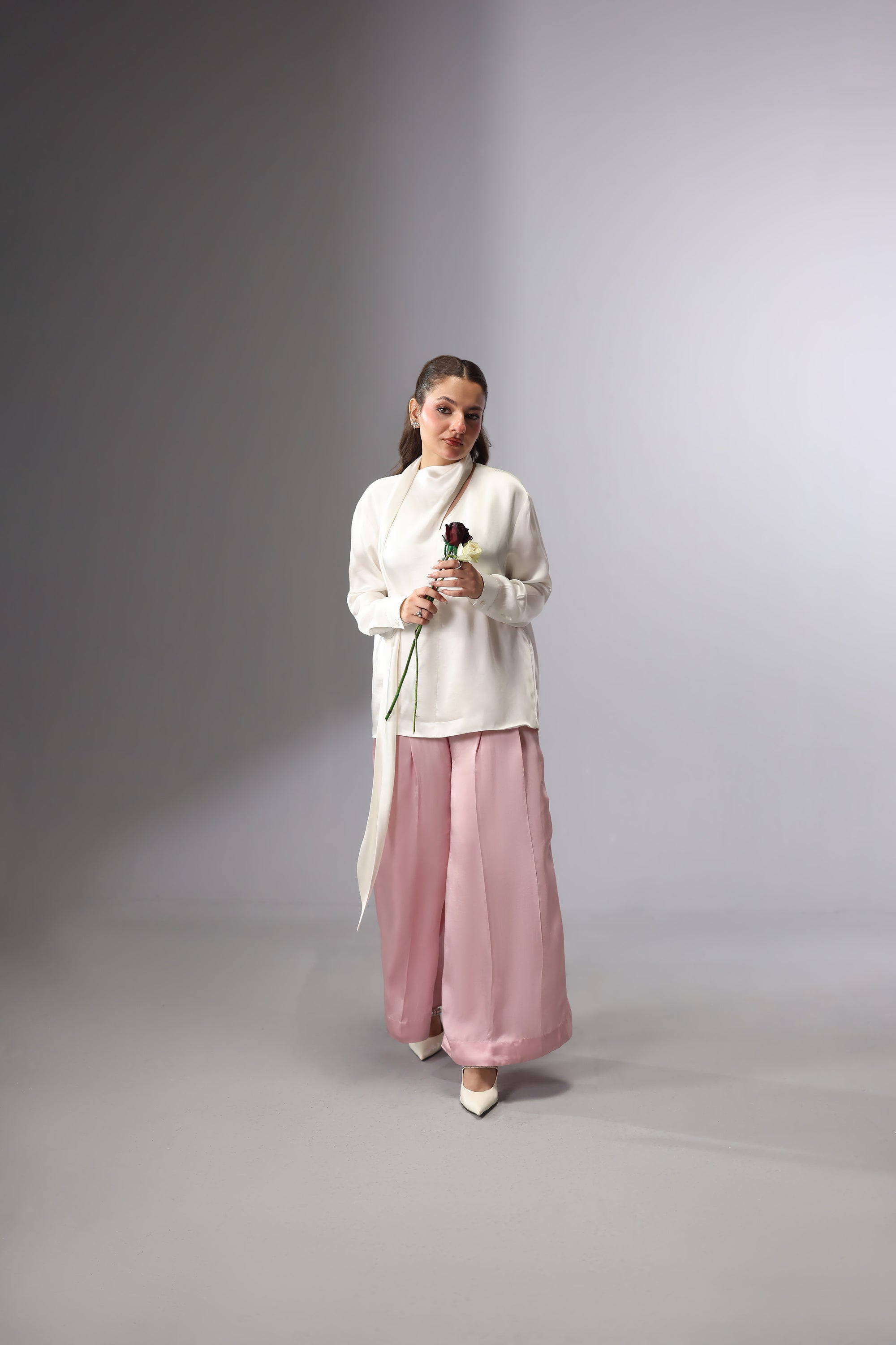 Satin Tie-Neck Slit Top - White