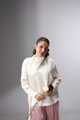 Satin Tie-Neck Slit Top - White