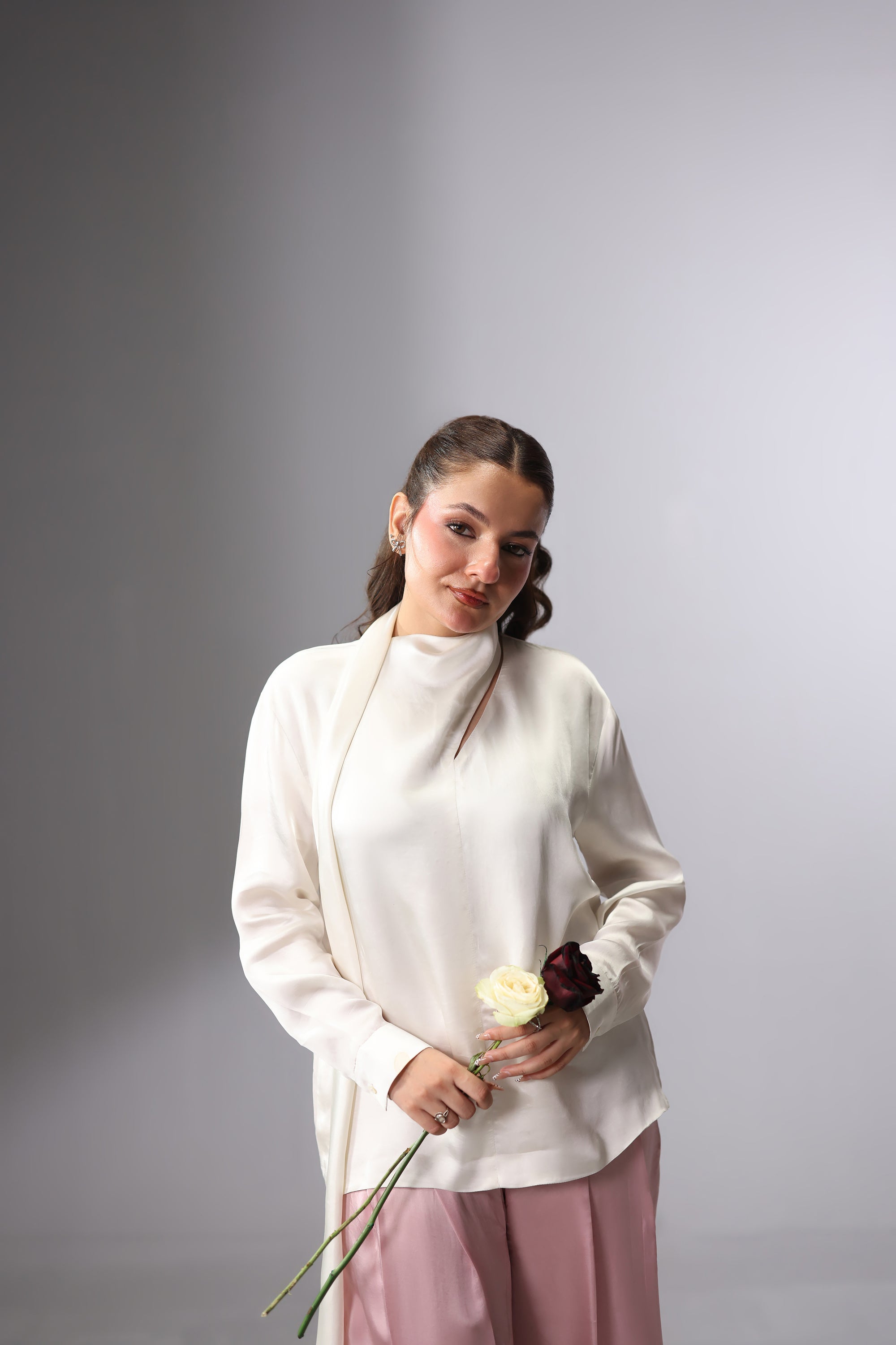 Satin Tie-Neck Slit Top - White
