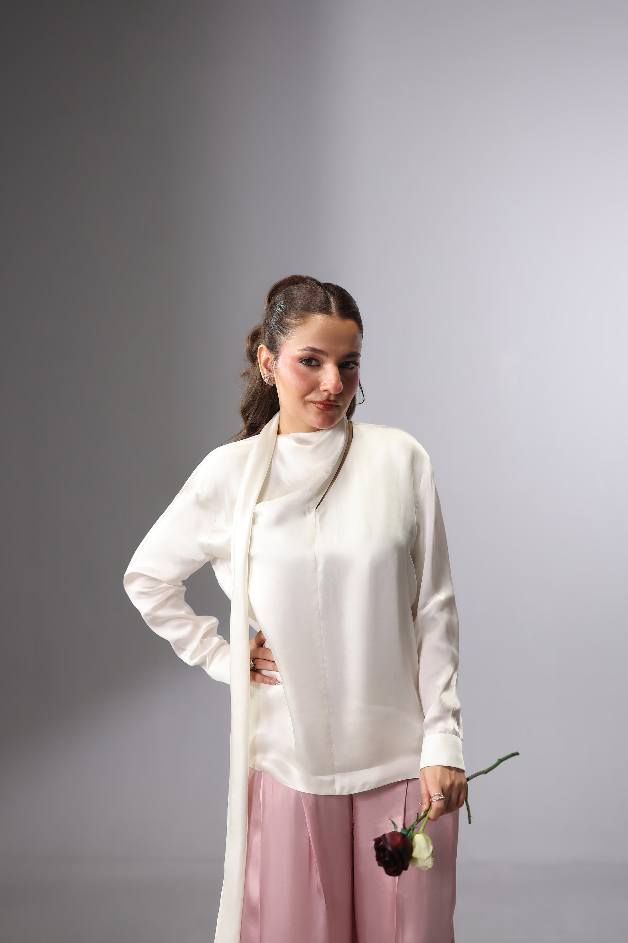 Satin Tie-Neck Slit Top - White