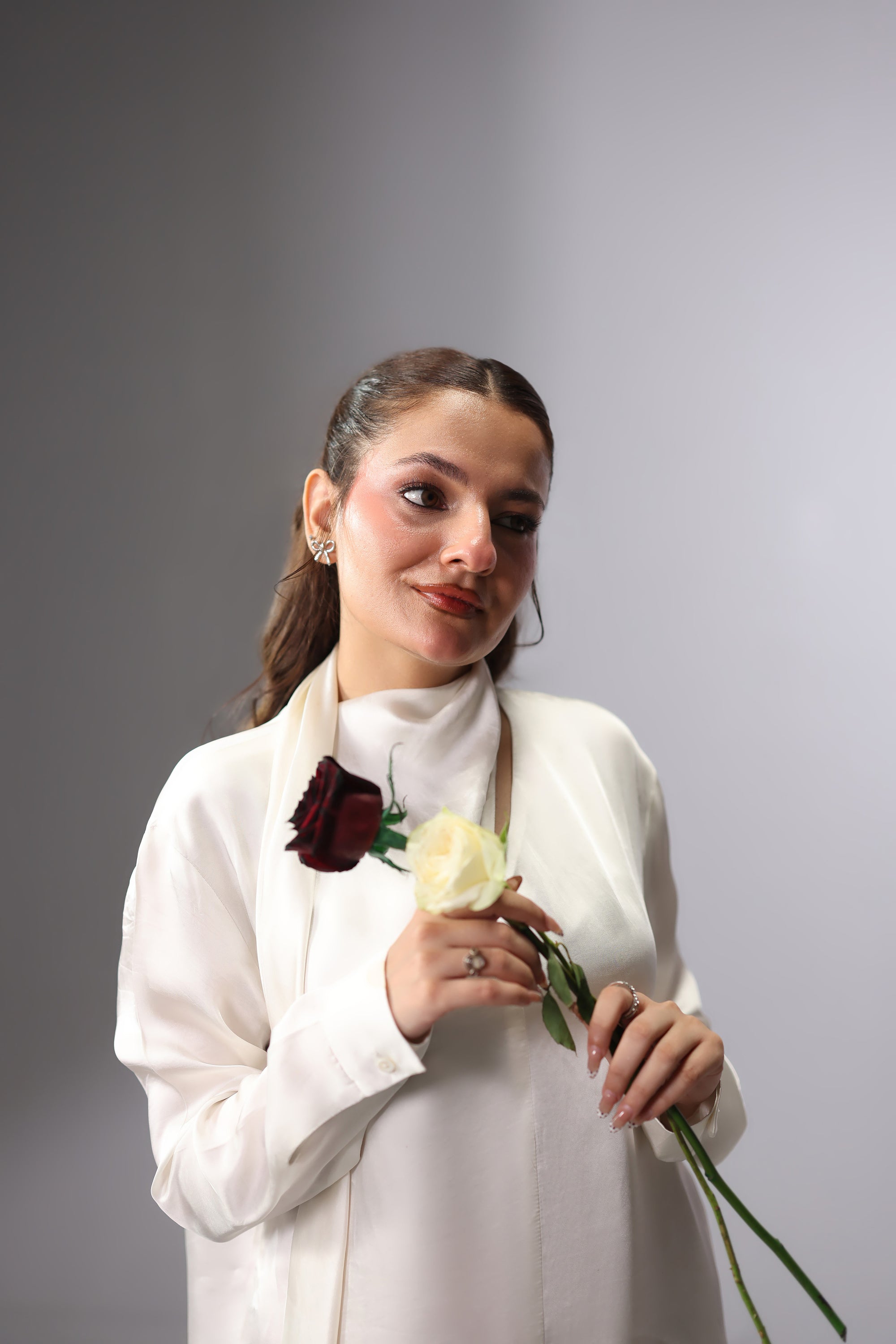 Satin Tie-Neck Slit Top - White