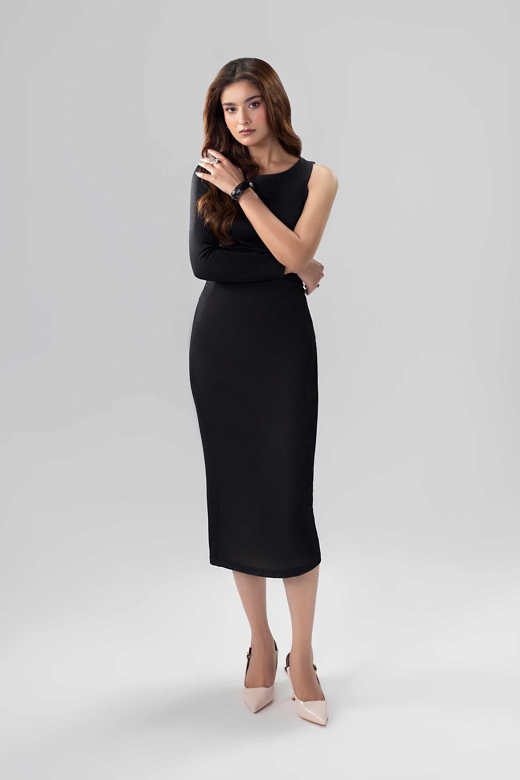 Ribbed Asymmetric Midi Dress