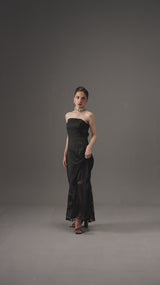 Black Strapless Gown with Lace Godet Hem