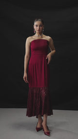 Burgundy Strapless Gown with Lace Godet Hem