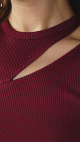 Rib Cut-Out  Asymmetric Top - Burgundy