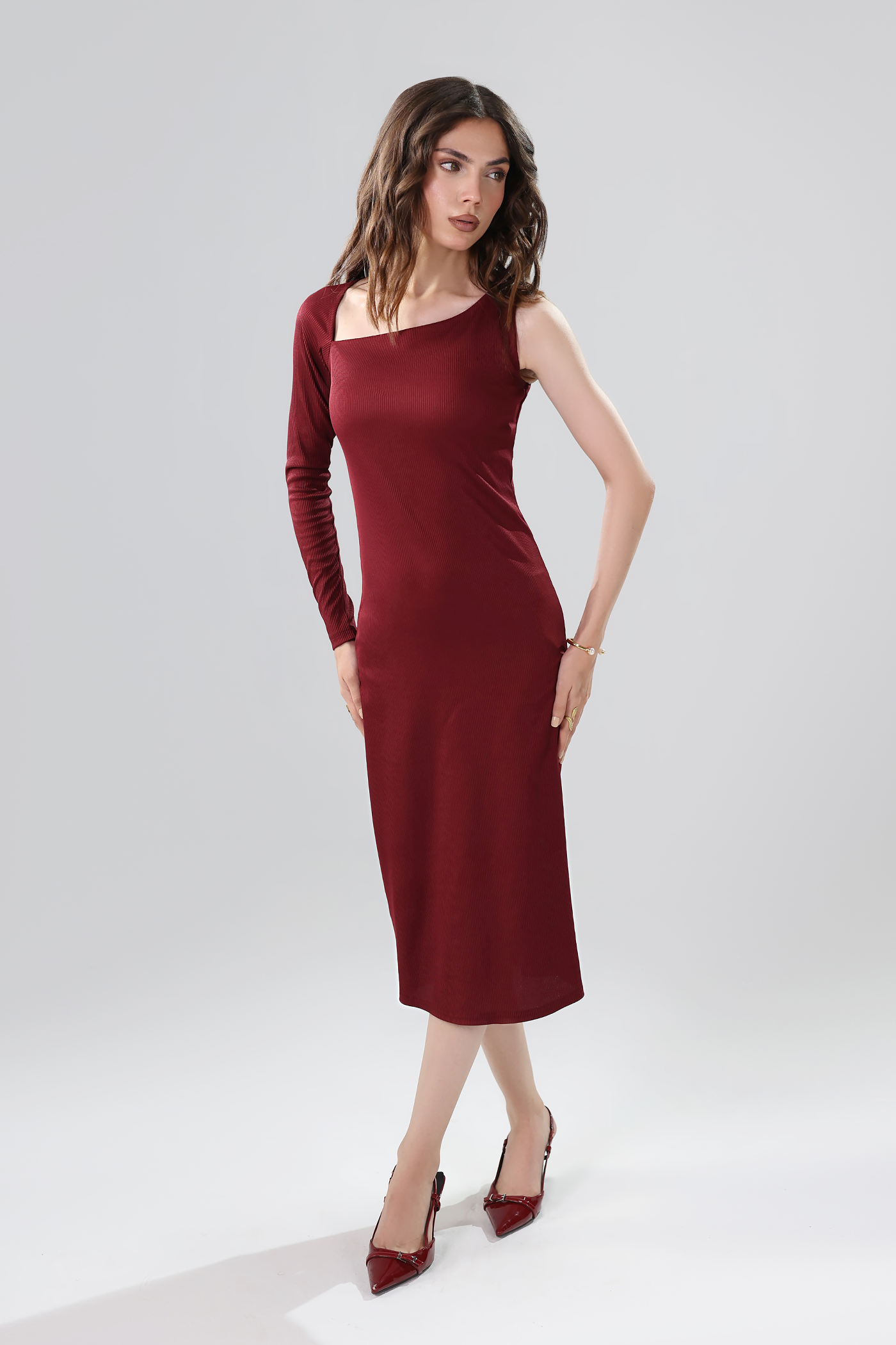 Ribbed Asymmetric Midi Dress